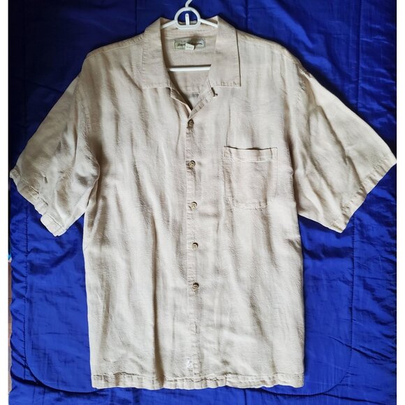 Vtg Tommy Bahama Men L Shirt Linen Hawaiian TikiCream Pocket Matched XtraButtons - Picture 1 of 10